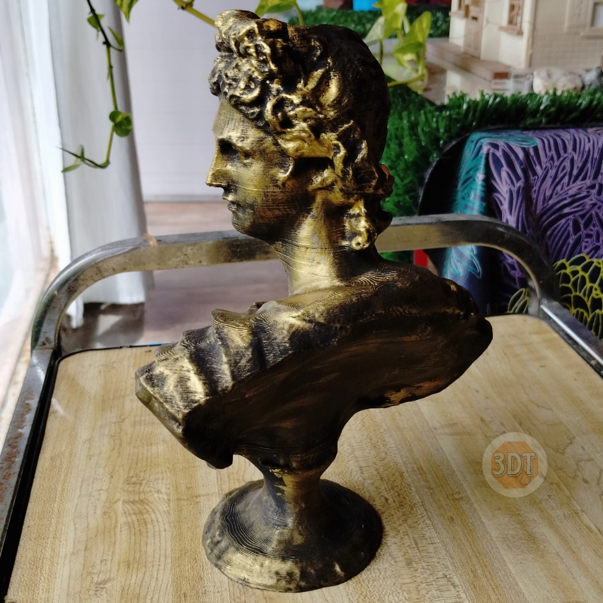 Escultura Busto Dios Griego Apolo Pintado Símil Bronce 3d - Image 5